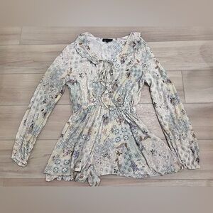 Final Touch Women's Sz Large Green Floral Ruffle Boho Long Sleeve Shorts Romper